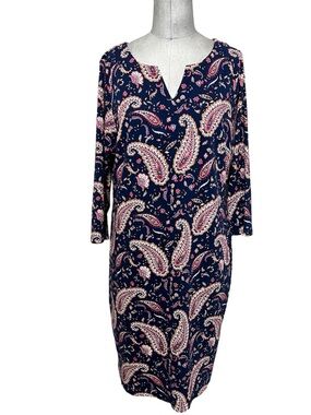 Talbots Navy Paisley 3/4 Sleeve Shift Dress with V-Notch Neckline Size X
